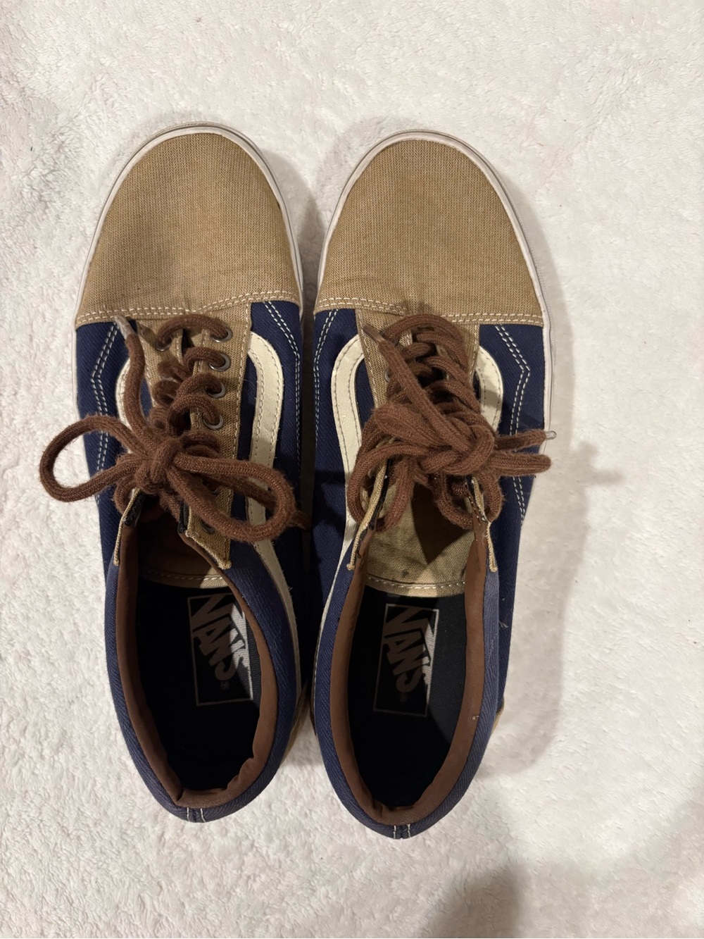 Vans Men's Navy, Brown and Cream Low-Top Sneakers. Gently used